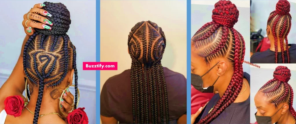 Bun braids styling, rose design braids