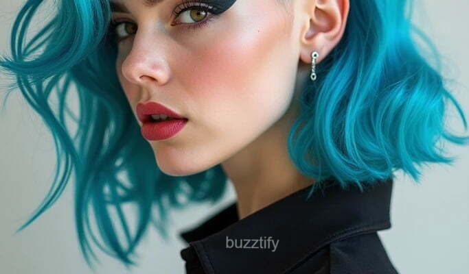 Blue Ombre Hair Color with Purple Pink Trending Highlights Side Cut Blue Hair Highlights